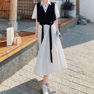 Set: Short-sleeve Shirt Dress + Vest