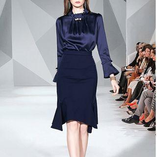 Set: Flared-sleeve Blouse + Ruffle Hem Pencil Skirt