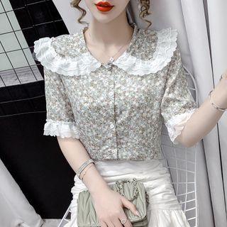 Short-sleeve Lace Trim Floral Print Blouse