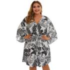Leaf Print Long-sleeve Shift Dress