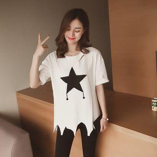 Star Print Ripped Hem Short Sleeve T-shirt