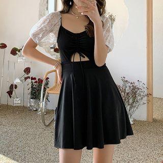 Puff-sleeve Two-tone Swim Dress