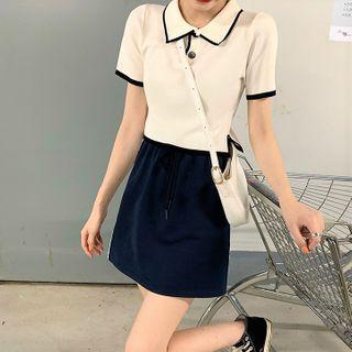 Set: Two Tone Short Sleeve Polo Shirt + Two Tone Lace-up Skirt