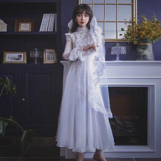 Lace Trim Mock-neck Long-sleeve Midi A-line Dress