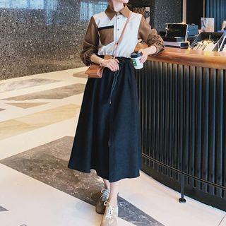 Long-sleeve Color Block Slit Midi A-line Shirt Dress