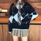 Geometry Sweater/ Plain Shirt With Plaid Tie/ Mini Pleated A-line Skirt