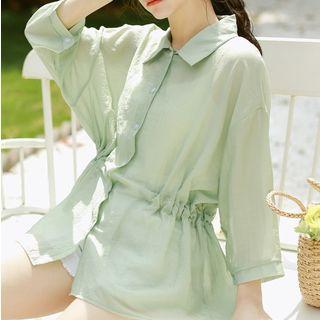 Set: Drawstring 3/4-sleeve Blouse + Camisole Top