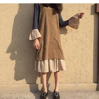 Set: Long-sleeve Frill Trim Midi Dress + Corduroy Vest