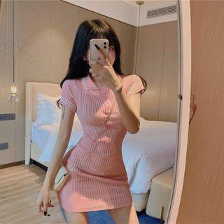 Short-sleeve Ribbed Mini Polo Knit Dress