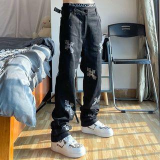 Cross Print Mid Rise Straight Leg Jeans