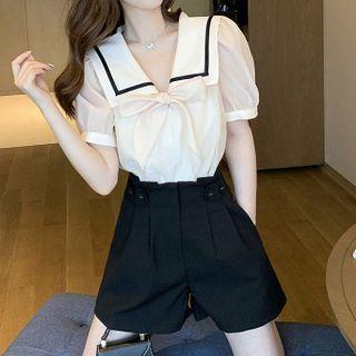 Set: Short-sleeve Bow Accent Blouse + High-waist Shorts