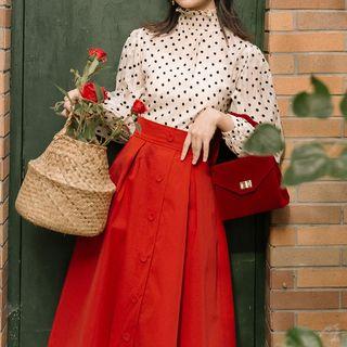 Set: Long-sleeve Mock-neck Dotted Top + Midi A-line Skirt