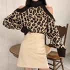 Mock-neck Leopard Print Sweater / A-line Mini Skirt