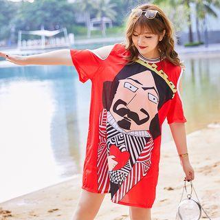 Set: Contrast Trim Bikini Top + Swim Bottom + Printed Cover-up