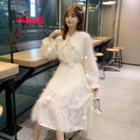Long-sleeve Furry A-line Midi Dress Almond - One Size