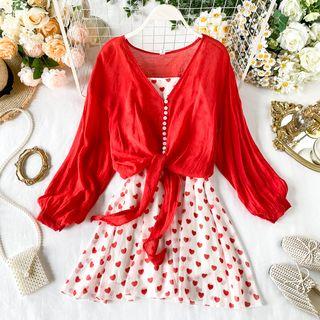 Set: Lantern-sleeve Top + Spaghetti Strap Heart Print Dress