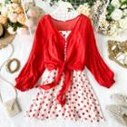 Set: Lantern-sleeve Top + Spaghetti Strap Heart Print Dress