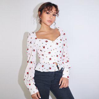 Square-neck Ruffled-trim Printed Chiffon Shirt