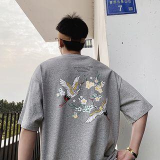 Crane Print Elbow-sleeve T-shirt