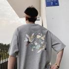 Crane Print Elbow-sleeve T-shirt