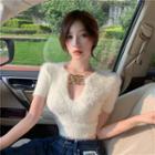 Chain-accent Short-sleeve Cropped Knit Top