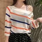 3/4-sleeve Striped Open-knit Top