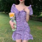 Balloon-sleeve Floral Print Drawstring A-line Dress Purple - One Size