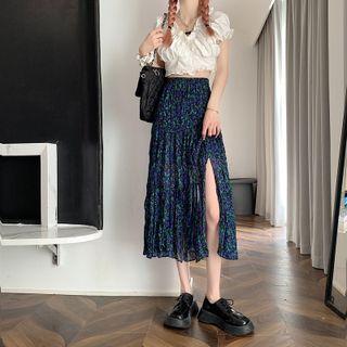 High-waist Floral Pleated A-line Split Skirt