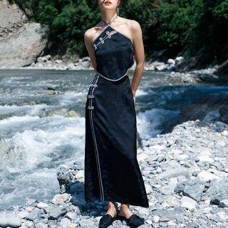 Knot Button Maxi A-line Skirt