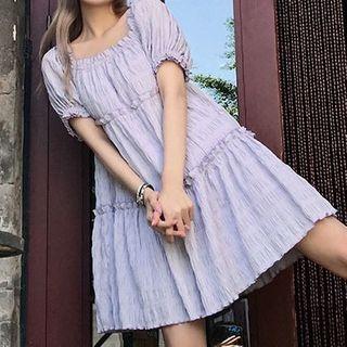 Balloon-sleeve Gingham Ruffled A-line Dress