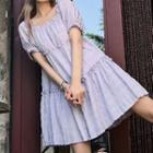 Balloon-sleeve Gingham Ruffled A-line Dress