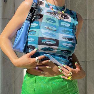 Sleeveless Graphic Print Mesh Top