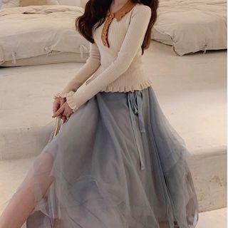 Ribbed Ruffle Trim Polo Knit Top / Midi A-line Mesh Skirt