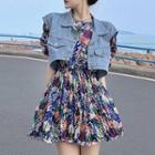 Puff-sleeve Floral Print Mini A-line Dress / Sleeveless Denim Jacket