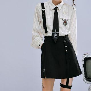 Striped Shirt / Single-strap Mini Suspender Skirt