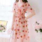 Ruffle Trim Short-sleeve Sequined Strawberry Midi A-line Dress