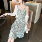 Spaghetti Strap V-neck Floral Chiffon Dress