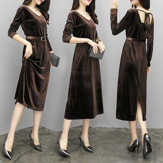 Long-sleeve Midi A-line Velvet Dress