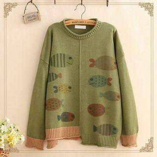 Fish Print Asymmetric-hem Knit Sweater