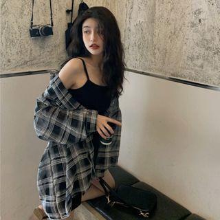 Spaghetti Strap Mini Dress / Plaid Shirt