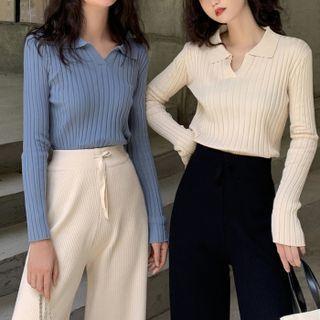 Long Sleeve Ribbed Polo Knit Top