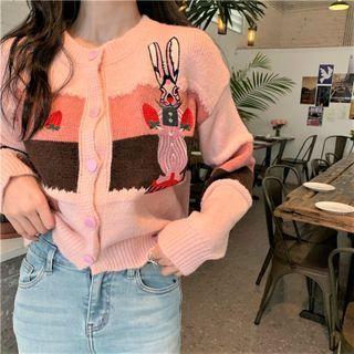 Cartoon Embroidered Color-block Cardigan Pink - One Size