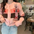 Cartoon Embroidered Color-block Cardigan Pink - One Size