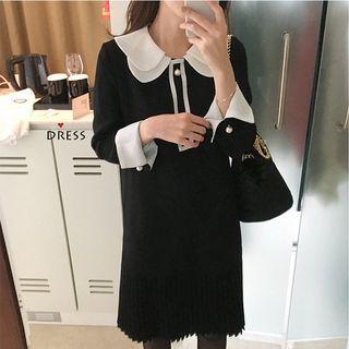 Two-tone Pleated Hem Long-sleeve Dress