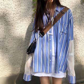 Long-sleeve Mesh Panel Striped Shirt As Shown In Figure - One Size