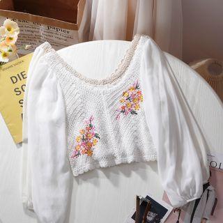 Balloon-sleeve Knit Panel Blouse