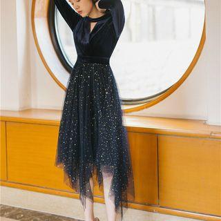 Midi Mesh-overlay Sequined A-line Dress