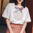 Printed Bow-front Short-sleeve T-shirt