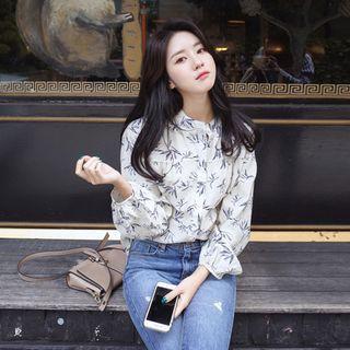 Mandarin-collar Long-sleeve Pattern Blouse
