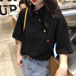 Short-sleeve Asymmetric Button Polo Shirt